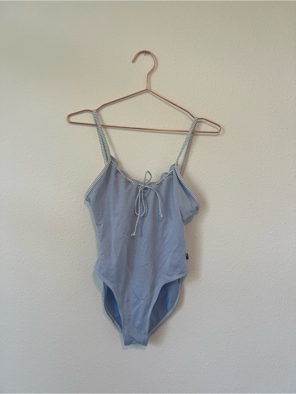 Vintage Light Blue One-Piece Swimsuit with Striped Trim